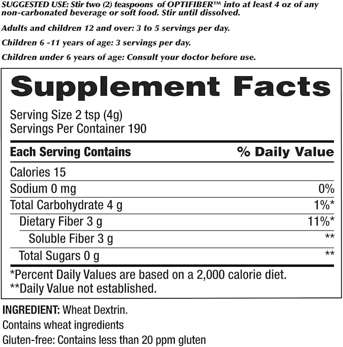 Prebiotic Fiber Supplement with Opti Fiber - Soluble Wheat Dextrin Powder for Digestive Health - Grit-Free Dissolves Completely in Water Sugar-Free &amp Non-GMO - 190 Servings