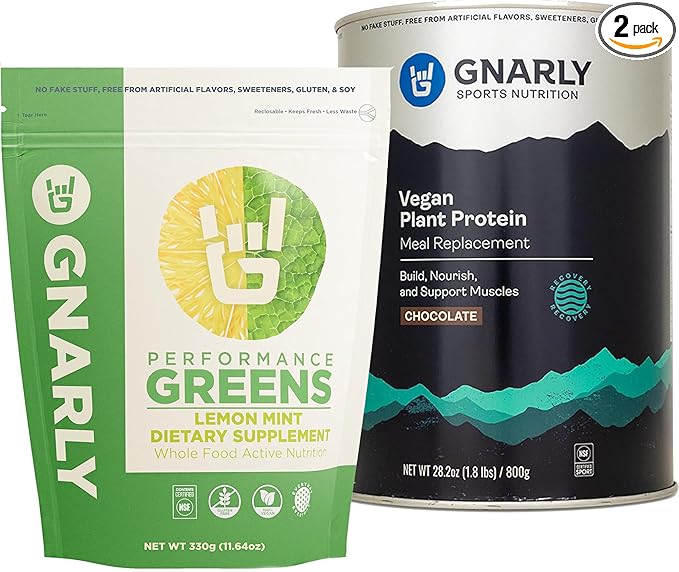 Gnarly Nutrition Performance Greens Lemon Mint (11.64 oz) and Gnarly Vegan Plant Protein Meal Replacement - Chocolate (28.2oz)
