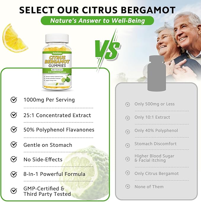 2 Pack Citrus Bergamot Gummies Citrus Bergamot Supplement for High Cholesterol Cholesterol Lowering Supplement for Heart Immune System &amp Healthy Aging Support Sugar Free Lemon Flavor 120 Cts