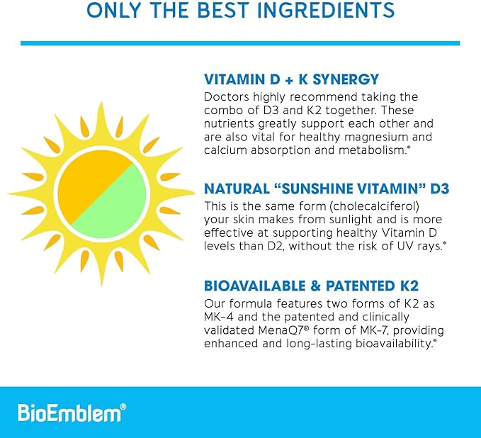 BioEmblem Vitamin D3 K2 (5000IU and 200mcg) &amp Probiotics for Women &amp Men