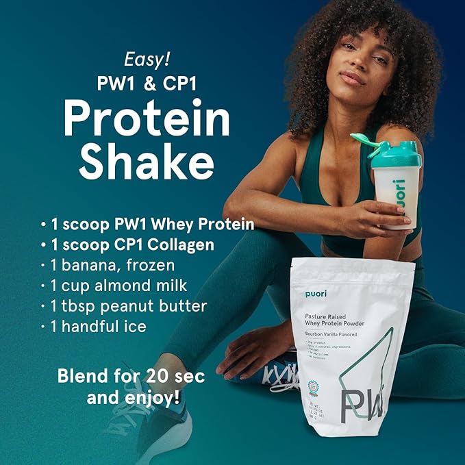 Puori Whey Protein Powder Bourbon Vanilla - PW1 Pasture-Raised Grass-Fed Whey Protein Powder Drink Mix containing BCAA Amino Acids - Post-Workout Supplement for Muscle Gain &amp Recovery - 60 Servi
