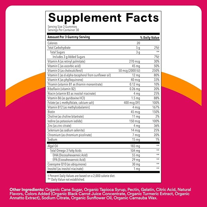 SmartyPants Women's Multivitamin Gummies Omega 3 (DHA/EPA) Methylfolate CoQ10 Vitamin D3 C Vitamin B12 B6 A K &amp Zinc Inositol Gluten Free 90 Count (30 Day Supply)