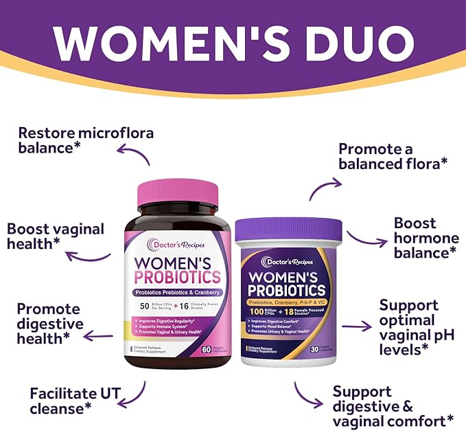 Doctor's Recipes Women’s Care Bundle 100 Billion CFU Probiotics Vitamin B6 P5P Digestion Vaginal Urinary &amp Immune Shelf Stable Bundle &amp Save