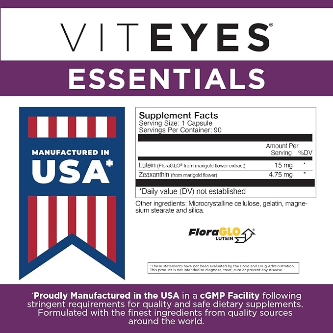 Viteyes Essentials Eye Health Dietary Supplement Lutein &amp Zeaxanthin for Macular Support 90 Capsules