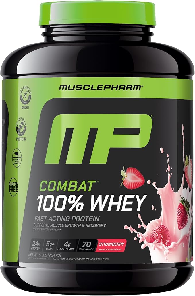 MusclePharm Combat 100% Whey Protein Powder Strawberry Cream Flavor Fast Recovery &amp Muscle Gain with Whey Protein Isolate High Protein Powder for Women &amp Men Gluten Free 5 lb 70 Servings