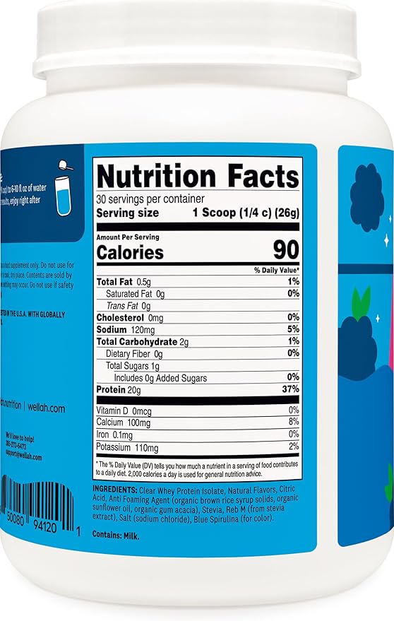 Wellah Clear Whey Protein Isolate Powder (Blue Raspberry) 30 Servings - 20g of Protein 90 Calories Sweetened with Stevia