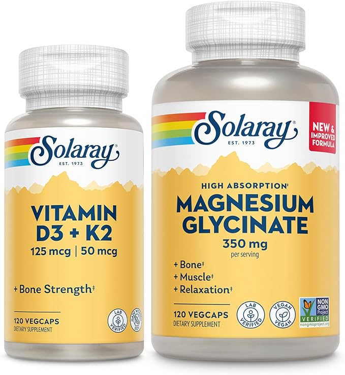 SOLARAY Vitamin D3 K2 and Magnesium Glycinate - Bone Health Bundle - Calcium Absorption Nerve Heart and Immune Support w/ 5000 IU Vitamin D 350mg Chelated Magnesium 60-Day Guarantee 120ct/120ct