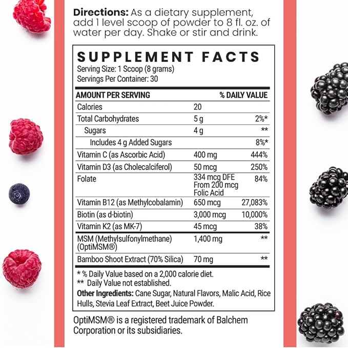 Qhemet Biologics MSM + Biotin Hair Nutrient Drink Mix - Vitamins Powder to Support Lush Volume - Bamboo Silica &amp Vitamins D3 + B12 for Hair Health - Jumpstart Your Hair Growth Journey (8.5 oz)