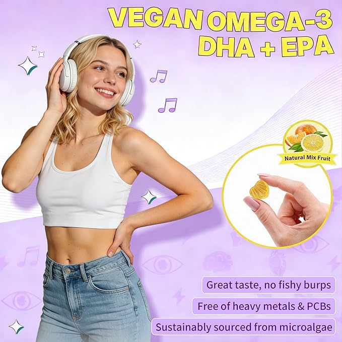 Vegan Omega-3 Gummies 900mg from Algae Oil - Fish Oil Alternative with DHA 500mg &amp EPA 200mg Vitamin B12 Folate &amp PS - Supports Brain Immune &amp Eye Health - Sugar-Free 120 Count