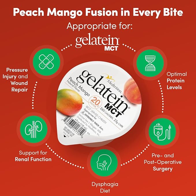 Gelatein MCT Peach Mango: 20 grams of protein. Ideal for swallowing difficulties and fluid restricted diets. Great pre or post-workout snack (Pack of 36) …