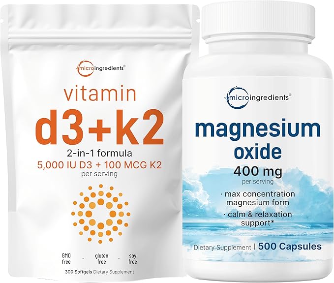 Micro Ingredients Vitamin D3 5000iu + K2 100mcg Softgels &amp Magnesium Oxide 400mg Bundle Pack | Essential Sunshine Vitamins | Elemental Form for Max Concentration