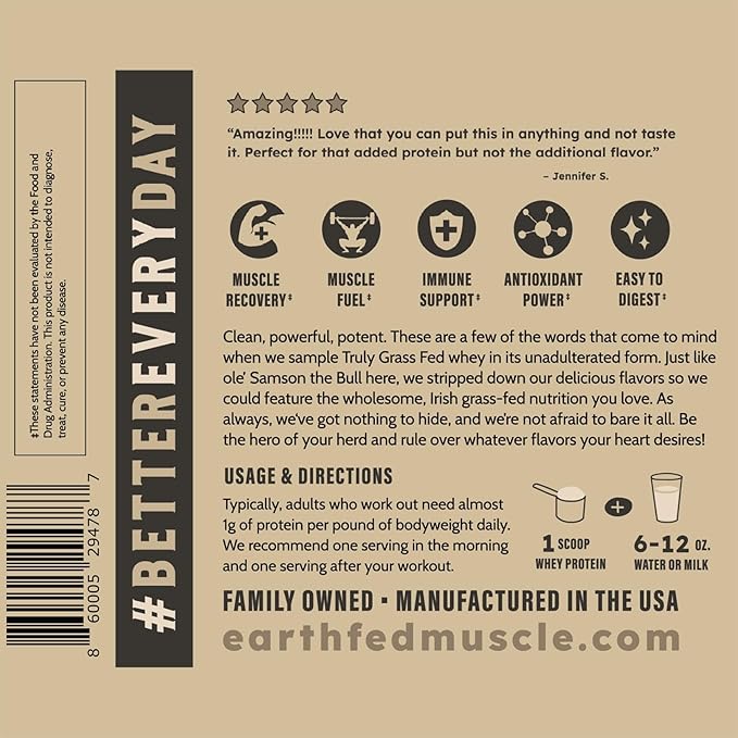 Earth Fed Muscle Truly Buff Truly Grass Fed Whey Protein Isolate - No Artificial Ingredients Soy Free Gluten Free Non-GMO and Hormone Free (2 Pound 30 Servings Unflavored)