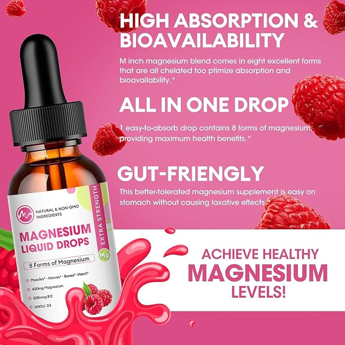 (3 Pack) Magnesium Liquid Drops - 8 in 1 Magnesium Complex Supplement with Magnesium Glycinate Citrate Malate Taurate for Brain Night Muscle Bone Cramps Raspberry Flavor