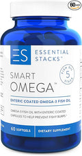 Essential Stacks Smart Omega 3 - Burpless Fish Oil - 1400mg EPA DHA Per Serving Enteric Coated (60 Capsules)