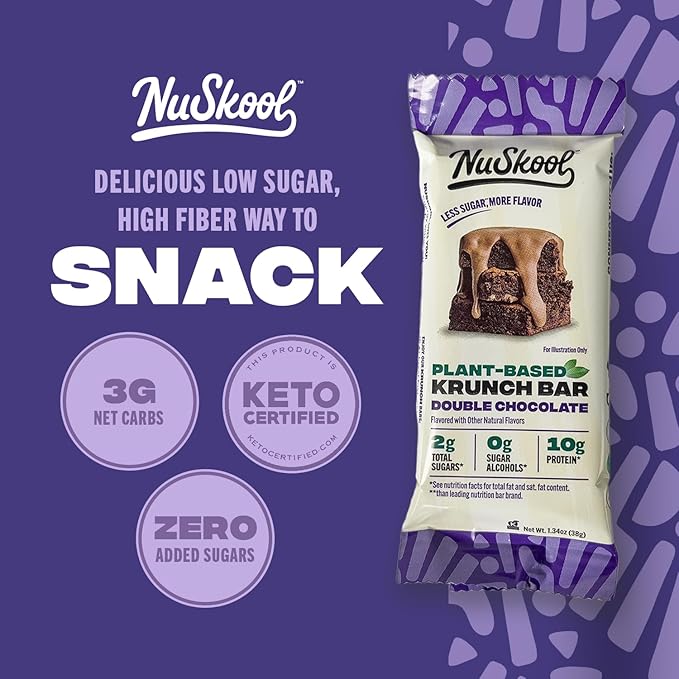 NuSkool Snacks Double Chocolate Keto Friendly Protein Krunch Bars (12 Pack) - 7g Fiber 10g Clean Plant-Based Protein 3g Net Carbs - Gluten-Free Non-GMO Vegan Low Carb Keto Healthy Breakfast Snack