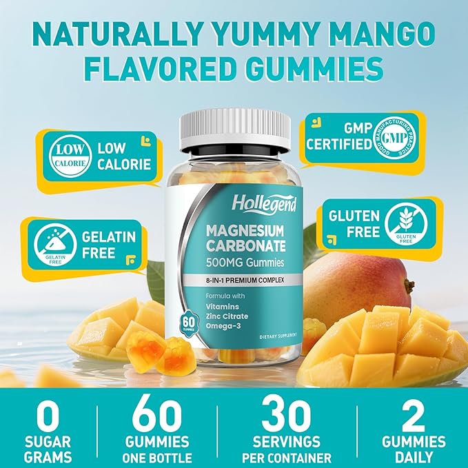 Magnesium Carbonate Gummies Magnesium Carbonate Complex 500mg Supplement with D3 &amp K2 for Women &amp Men with Zinc Vitamin C B6 &amp B12 Muscle &amp Digestive Support Mango Flavor Sugar