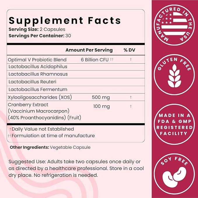 Optimal Prime Vaginal Probiotics for Women with Prebiotics Cranberry Extract and Lactobacillus Probiotic Blend Supports Healthy Vaginal Flora Odor Control pH Balance 2 Month Supply 120 Capsules