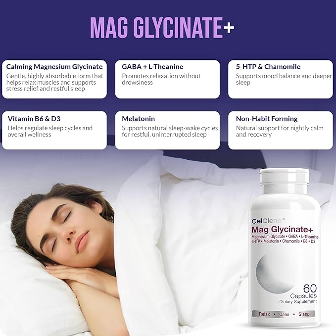 Magnesium Glycinate+ Supports Stress Relief Sleep Heart Health Nerves Muscles and Metabolism with Magnesium Glycinate GABA L-Theanine 5-HTP Melatonin Vitamin B6 and Vitamin D3