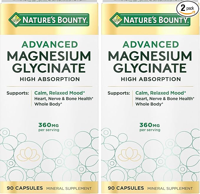 Nature's Bounty Calm Magnesium Glycinate Supplement - High Absorption Magnesium for Relaxed Mood Heart &amp Bone Health 90 Capsules (Pack of 2)