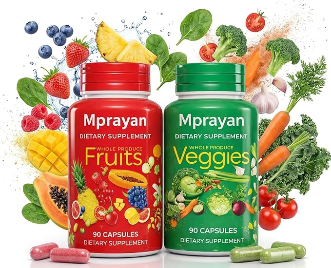 Fruit and Veggie Superfood for Natural Energy &amp Immune Support | 30+ Whole Foods Vegan Non-GMO | 90 Fruit + 90 Veggie Capsules – 30-Day Supply (2-Bottle Set)