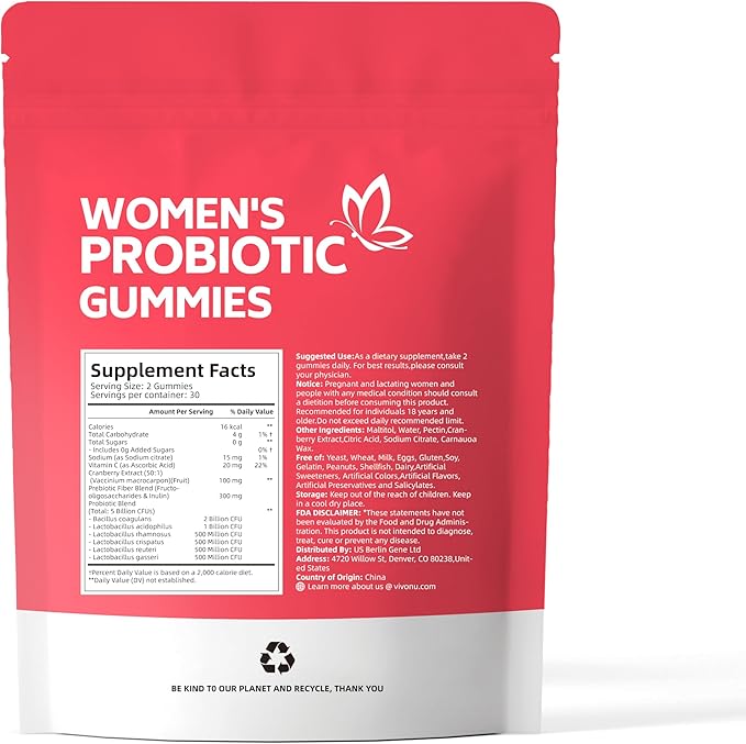 VivoNu Viginal Probiotics for Women Women Probiotic Gummies Feminine Balance Gummies Prebiotic Gummy Cranberry Probiotics for Woman Vaginigal Health Yeast Ph Balance| 60 Gummies