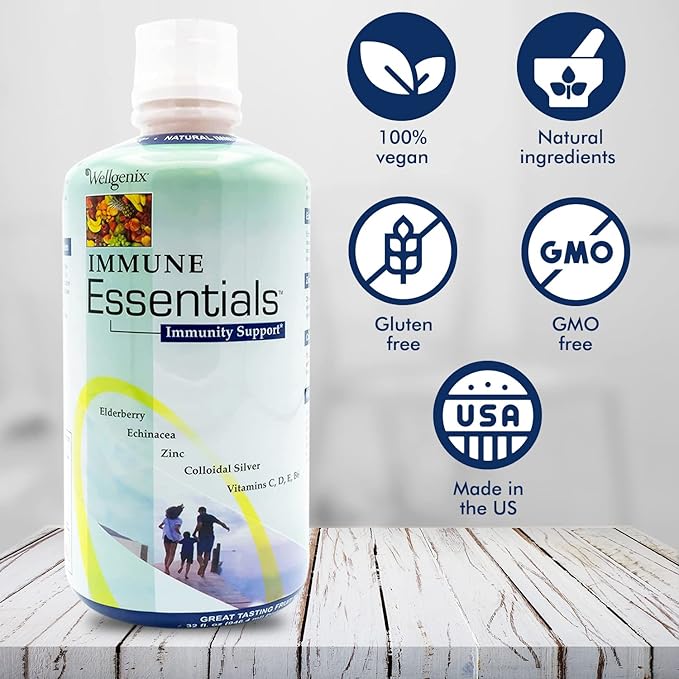 Wellgenix Immune Essentials Liquid Dietary Supplement – Elderberry Echinacea Zinc &amp Vitamin C – Fruit Flavor – 32 fl oz (Pack of 2)