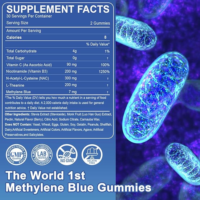 Men's Methylene Blue Gummies 7mg Methylene Blue for Humans Supplement w/NAC VIT B3 &amp L-Theanine Brain &amp Mitochondrial Support Enhances Energy Focus and Cognitive Sugar Free 60 Ct
