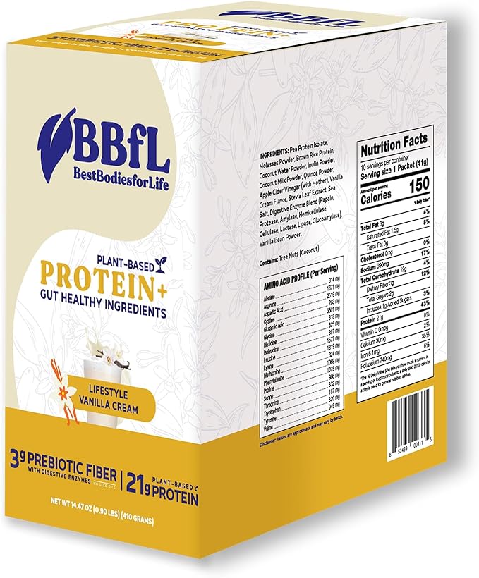 BBfL Plant-Based Protein Shake – 21g Vegan Protein Vanilla Bean + Apple Cider Vinegar Prebiotics Digestive Enzymes Supports Gut Health – All-in-One Shake for Women &amp Men (10 Servings Vanilla