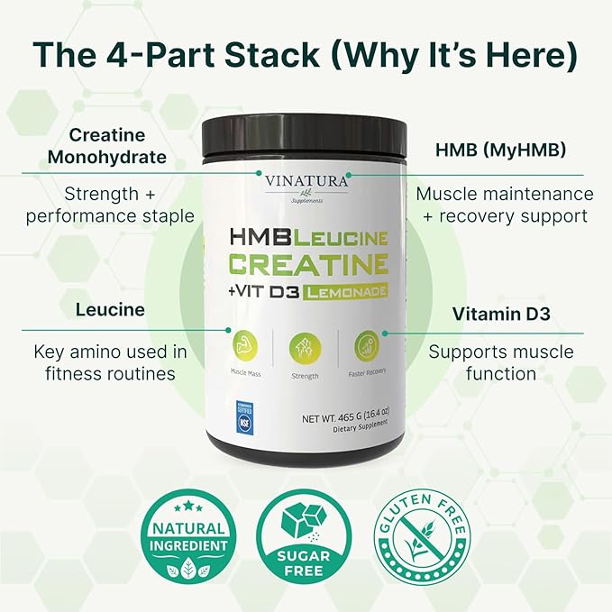 VINATURA HMB Creatine Leucine Powder - 5g Creatine Monohydrate 3g HMB Supplement 3g L-Leucine - Vitamin D3 Vegan Lemonade Flavor Muscle &amp Strength Support - 30 Servings