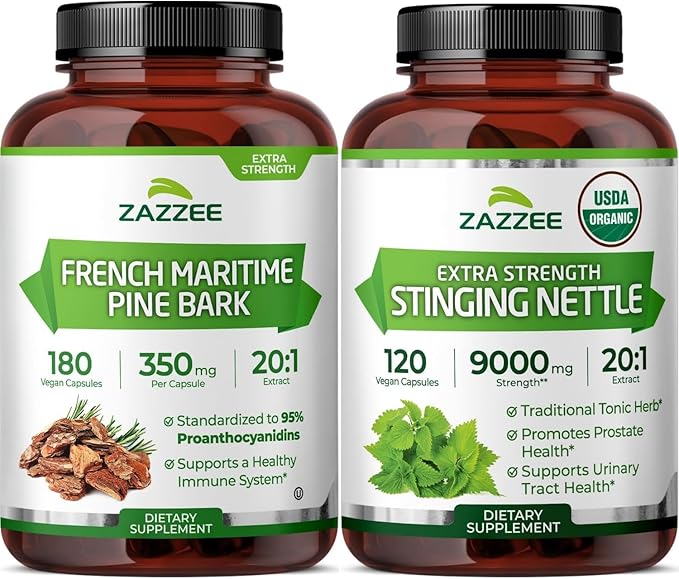 Zazzee Organic Nettle Leaf and French Maritime Pine Bark Extract Capsules | 20:1 Stinging Nettle Extract Plus French Pine Bark | Prostate Support Bundle