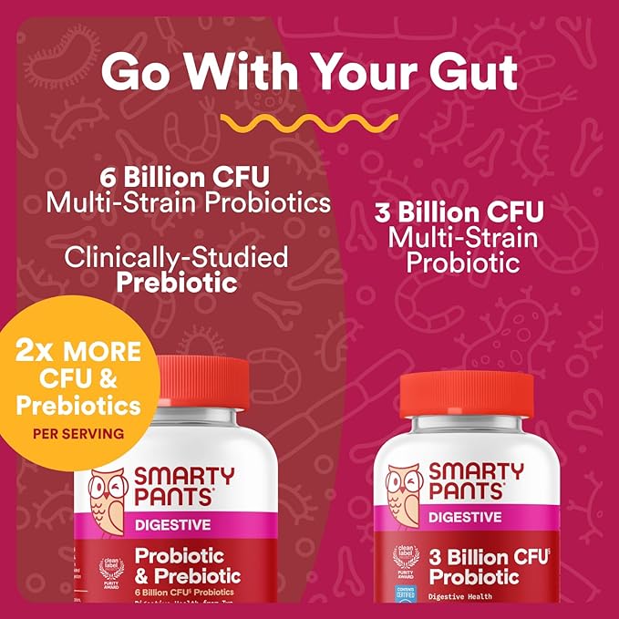 SmartyPants Adult Probiotic &amp Prebiotic Gummies for Digestive Health: 6 Billion CFU Gut Health Supplement Clinically Studied Prebiotic for Immune Support Grape 60 Count (30 Day Supply)