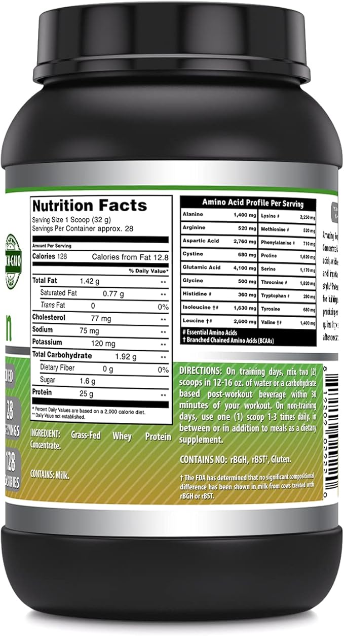 Amazing Formulas Grass-Fed Whey Protein Powder | 25 Grams Protein Supplement | Natural Sweetener and Flavor | Contains BCAA &amp EAA | Non-GMO | Made in USA (2 Lb Unflavored)