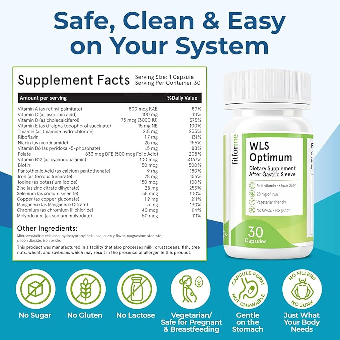 FitForMe Bariatric Multivitamin Tailored for Gastric Sleeve Surgery – One-a-Day Capsule 30-Day Supply Easy-to-Swallow WLS Optimum Capsule Scientifically Formulated – for Men &amp Women