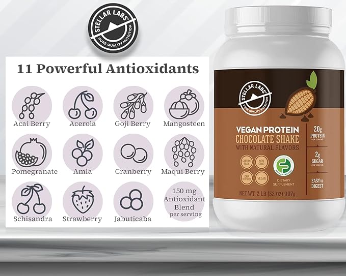 Stellar Labs Vegan Protein Powder with BCAA's &amp Antioxidants | Certified Low FODMAP Non GMO Gluten Free Soy Free Low Carb with Stevia | Lean Plant Based Protein Powder Shakes | Chocolate