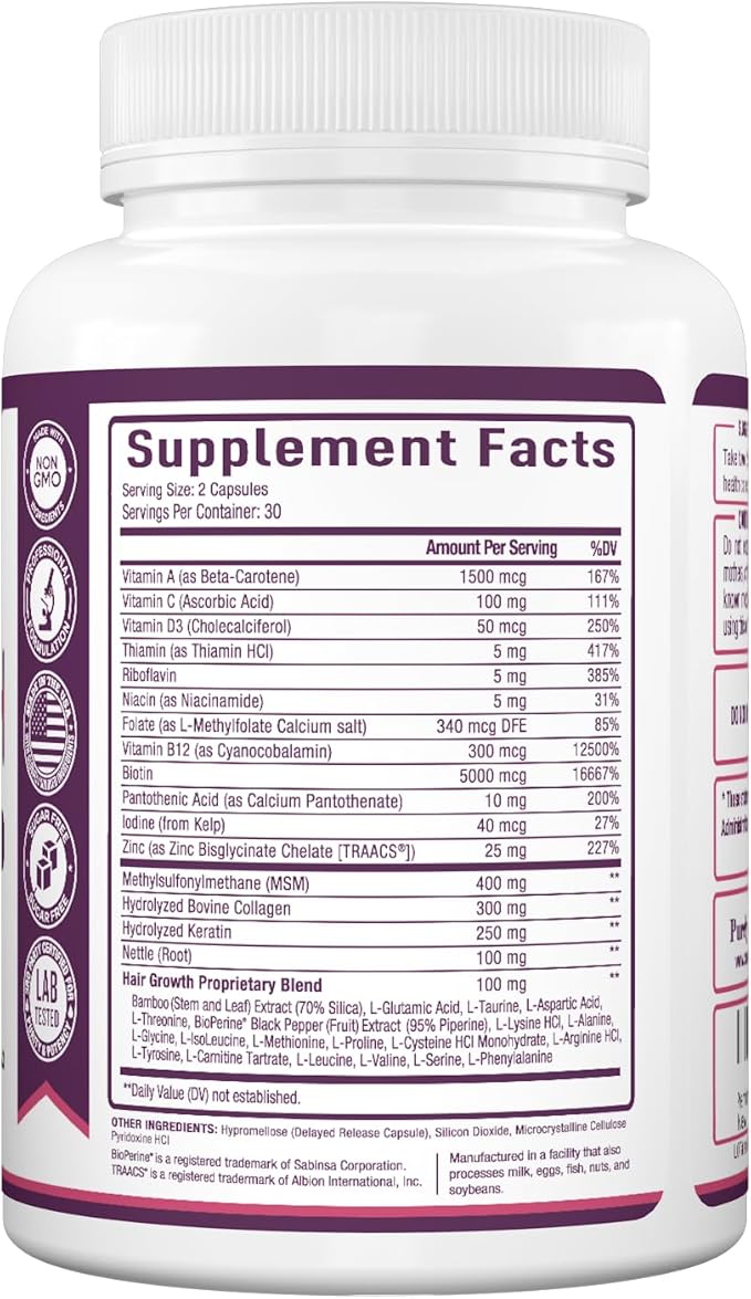 Purely Optimal Hair Growth Vitamins – Supports Thicker Stronger Hair Growth Healthy Skin &amp Nails – Biotin Collagen Keratin – Easy-to-Take Unflavored 60 Capsules