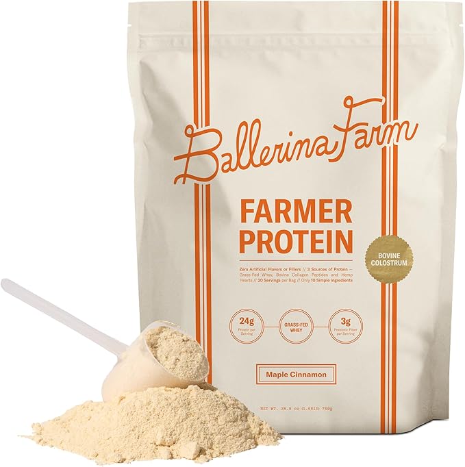 Ballerina Farm Grass Fed Whey Protein Powder Maple Cinnamon 24g Protein with Collagen Peptides Bovine Colostrum Hemp Hearts &amp Prebiotic Fiber No Artificial Ingredients 20 Servings
