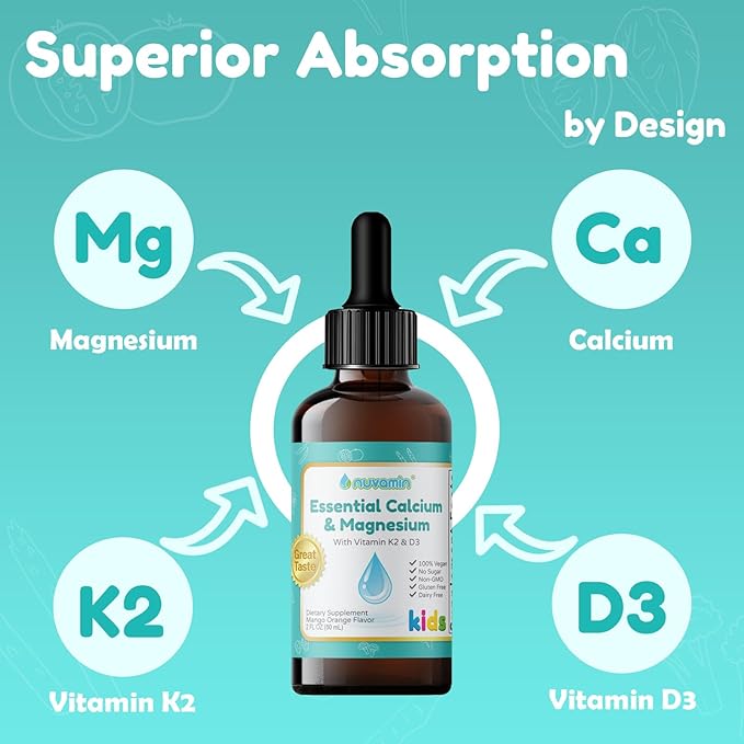 Nuvamin – Liquid Calcium &amp Magnesium Drops for Baby Toddlers Kids &amp Adults 2Fl.Oz (60ml) 30 Daily Servings. Great Taste - All Natural - Vegan - Superior Absorption