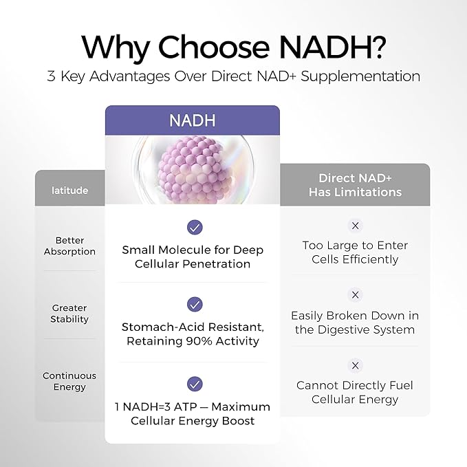 NADH 20mg Supplement 60 Vegetarian Tablets - Nicotinamide Adenine Dinucleotide Boosts NAD+ Levels for Cellular Energy Support &amp Active Aging Caffeine-Free Daily Fatigue Defense