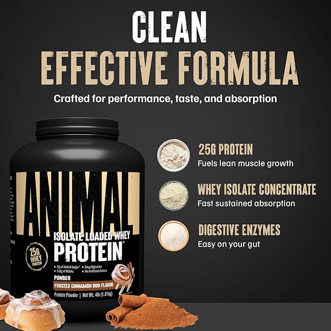 Animal Whey Isolate Protein Powder - Loaded for Pre &amp Post Workout Muscle Builder and Recovery with Digestive Enzymes for Men &amp Women - 25g Protein Great Taste Low Sugar - Frosted Cinnamon B