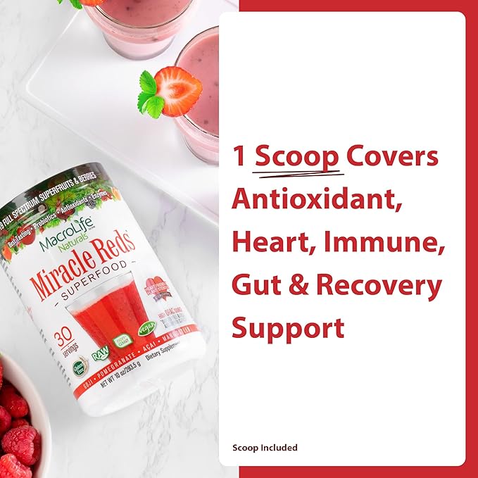 MacroLife Naturals Miracle Reds Superfood Powder 19 Blended Fruit &amp Berry Polyphenols Enzymes Probiotics &amp Antioxidants Supplement - Raw Non-GMO &amp Vegan Whole Food Vitamins - 30 Servings