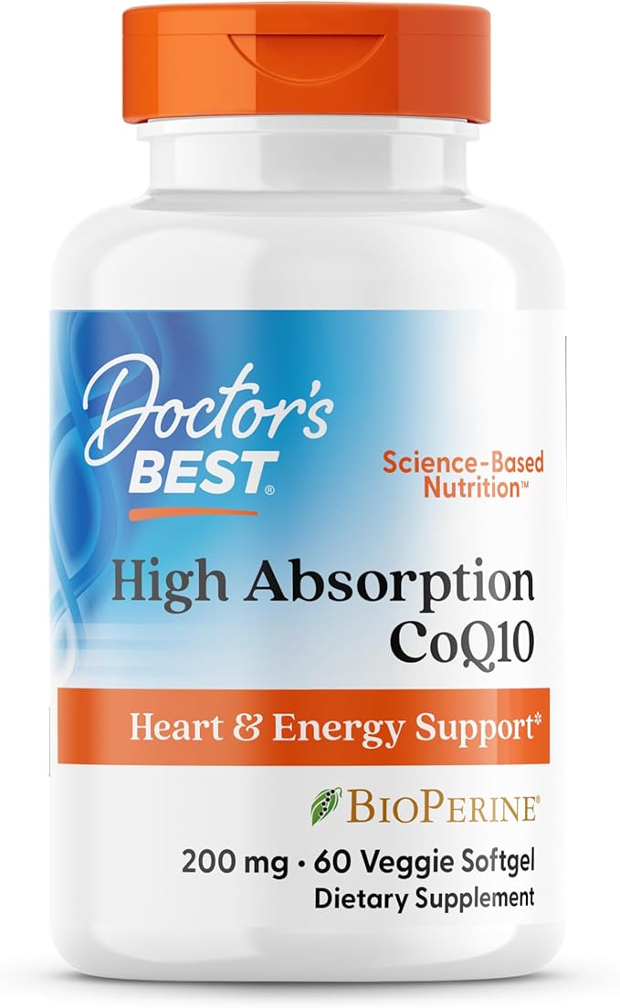 Doctor's Best High Absorption CoQ10 200mg with BioPerine Supplement - Coenzyme Q10 Softgels for Heart Health &amp Antioxidant Support CoQ10 200 mg for Women &amp Men Non GMO - 60 Veg Softgels