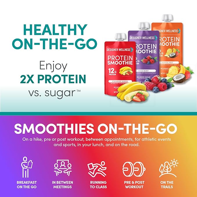 Designer Wellness Protein Smoothie Real Fruit 12g Protein Low Carb Zero Added Sugar Gluten-Free Non-GMO No Artificial Colors or Flavors Variety Pack 12 Count
