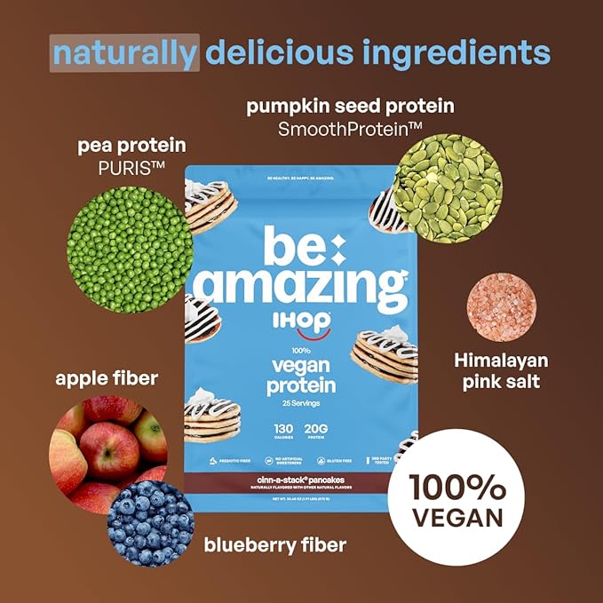 BE AMAZING Vegan Protein Powder IHOP Cinn-A-Stack Pancakes 20g Plant Based Protein with Prebiotic Fiber Low Carb Dairy and Gluten Free Shake Mix No Added Sugar 29.3 oz 25 Servings