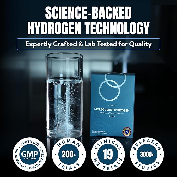 EVOLV Hydrogen Water Tablets – 12 PPM Molecular Hydrogen for Hydrogen-Rich Drinking Water - Powerful Antioxidant Support Boost Hydration &amp Immunity with Elemental Magnesium &amp Calcium - 30 Tab