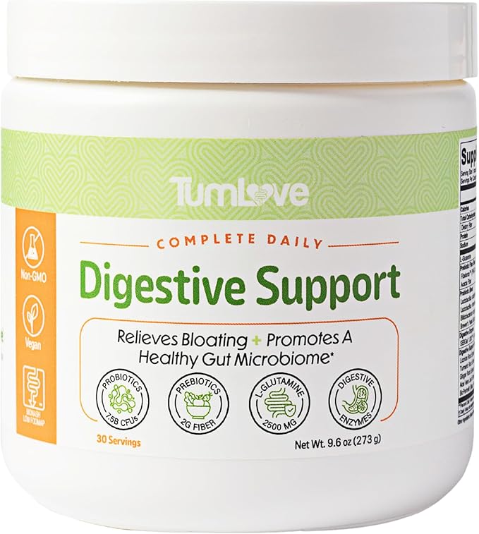 TumLove IBS Relief &amp Digestive Support Powder – Low FODMAP Certified Probiotics Prebiotics Digestive Enzymes L-Glutamine &amp 5 Soothing Herbs – Vegan Gluten-Free (30 Servings)