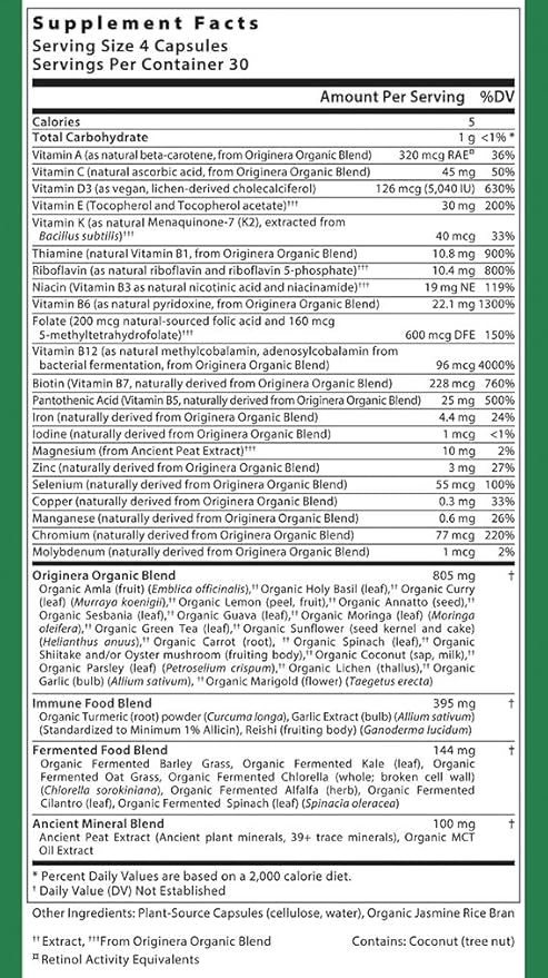 Organic Whole Foods Supplement Multi-Vitamin: Immune Brain &amp Heart Support | with Prebiotics and Postbiotics | Vegan Capsules for Men &amp Women. Gluten &amp Soy Free - 120 Plant-Sourced Capsu
