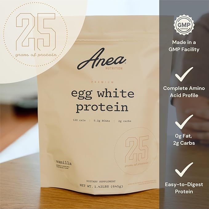 Anea Egg White Protein - Vanilla | 25g Protein | Cholesterol-Free | 5.2g BCAA | Complete Amino Acid Profile | Dairy-Free Gluten-Free Soy-Free | Smooth Vanilla Flavor | Made in GMP Facility