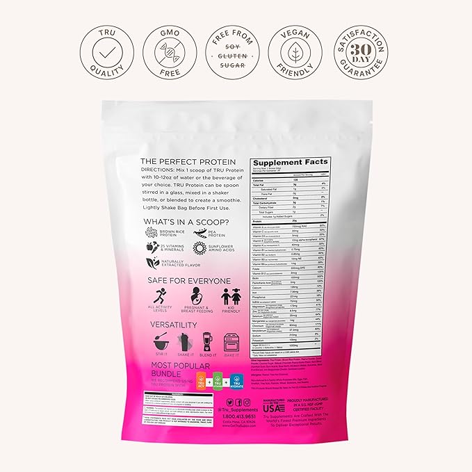 TRU Supplements Plant Based Protein Powder BCAA EAA 20g Vegan Brown Rice &amp Pea Protein 100 Calories 27 Vitamins No Artificial Flavors 25 Servings (Chocolate Peanut Butter)