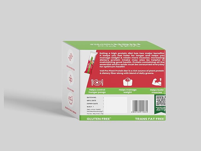 Voll Pro Plant Protein Bar with Daily Greens - High Protein 20g Fiber 5.5g 0g Sugar - Strawberry Flavour- Non-GMO- Gluten &amp Trans Fat Free-Crunchy Delicious Nutrient-Rich Protein Bars(50g X 12