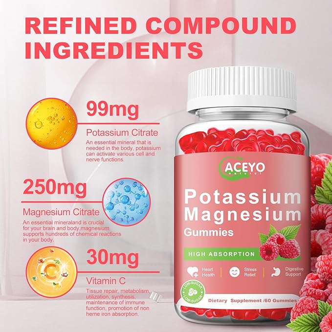 2 Pack Potassium Magnesium Gummies for Adult Kids High Absorption Leg Cramps &amp Muscle &amp Heart Health Immune Health Raspberry Magnesium Gummies Chewable Gummy Supplement Vegan Non-GMO